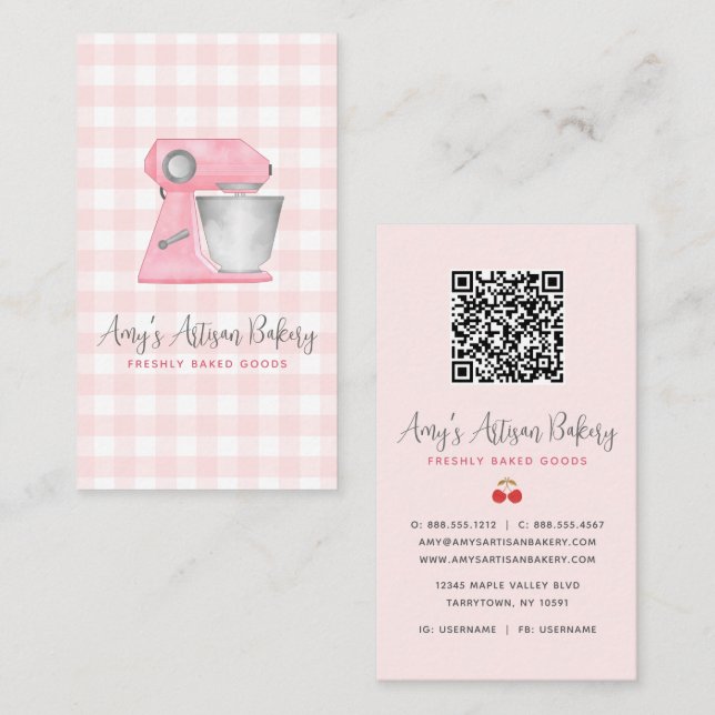 Blush Pink Bakery Mixer Gingham Pattern QR Code Business Card (Front/Back)