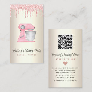 Blush Pink Bakery Mixer Glitter Drip QR Code Gold Business Card