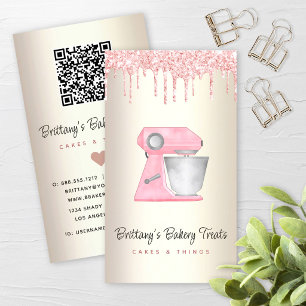 Blush Pink Bakery Mixer Glitter Drip QR Code Gold Business Card