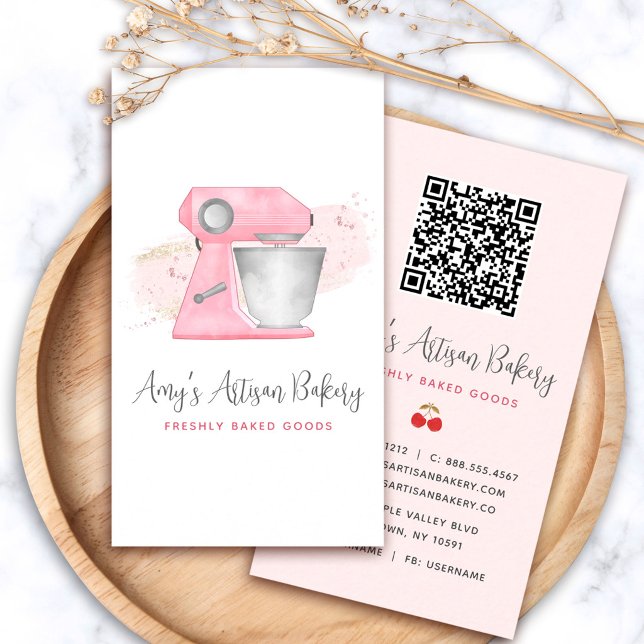 Blush Pink Bakery Mixer Logo QR Code Pastry Chef Business Card (Creator Uploaded)