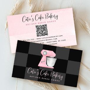 Blush Pink Bakery Mixer QR Code Black Chequered Business Card