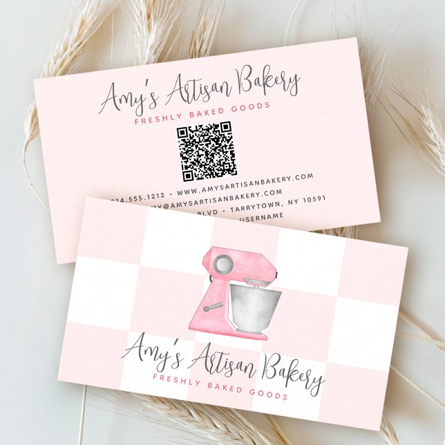 Blush Pink Bakery Mixer QR Code Chequered Pattern Business Card (Creator Uploaded)