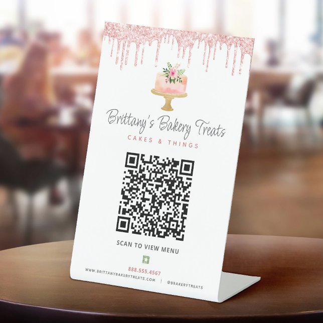 Blush Pink Bakery QR Code Scan Menu Cake Glitter Pedestal Sign (Creator Uploaded)