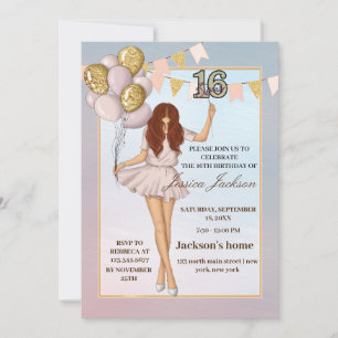 Blush Pink Balloons Rose Gold Sweet Sixteen Invitation