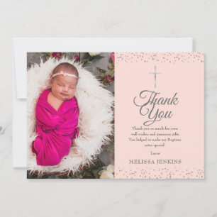 Blush Pink Baptism Photo Silver Thank You Card