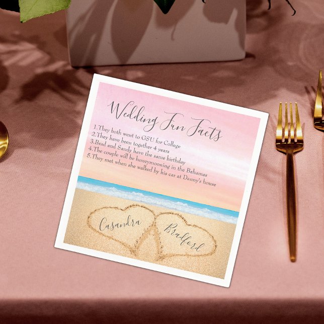 Blush Pink Beach Wedding 2 Hearts Sand Fun Facts Napkin (Creator Uploaded)