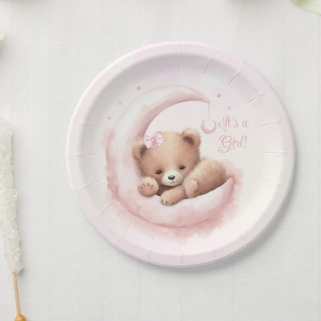 Blush Pink Bear Girl Baby Shower Paper Plate (Personalize with your text.)