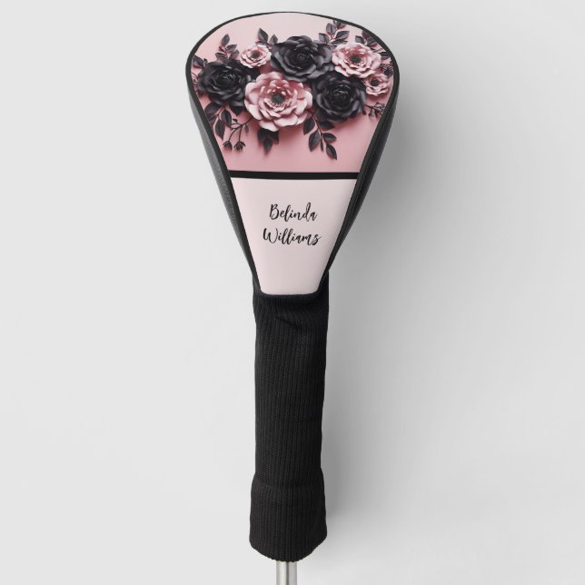 Blush Pink Black 3D Flowers Monogram Golf Head Cover (Front)
