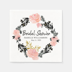 Blush Pink, Black and Gold Floral Bridal Shower Napkin