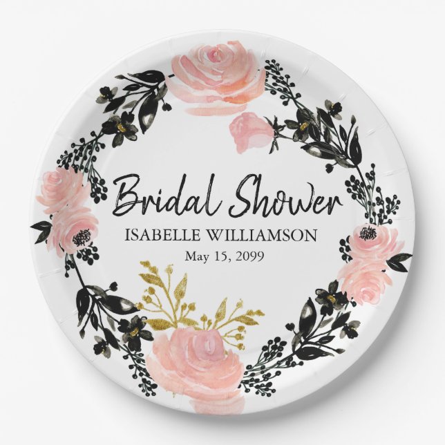 Blush Pink, Black and Gold Floral Bridal Shower Paper Plate (Front)