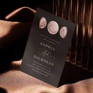 Blush pink black delicate mystical moon wedding invitation