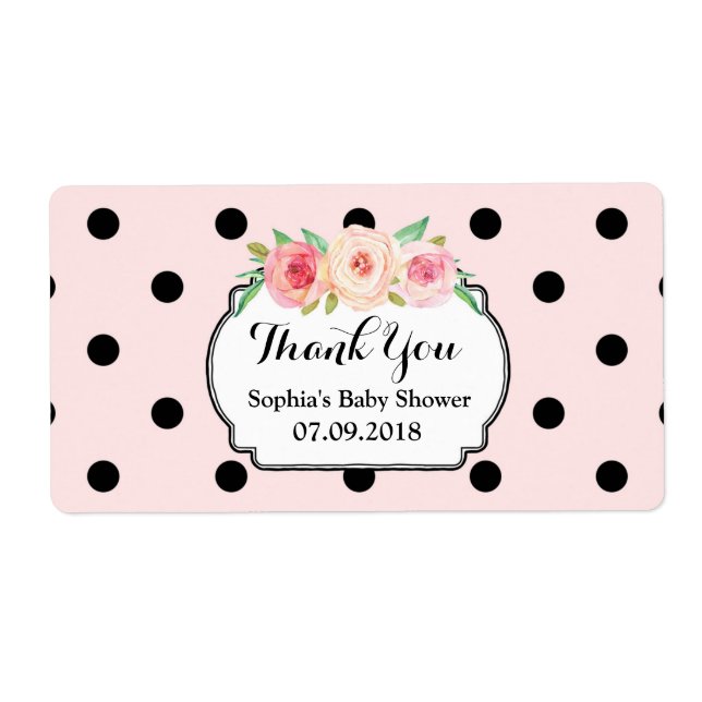 Blush Pink Black Dots Floral Baby Shower Labels (Front)