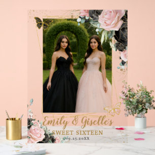 Blush Pink Black Floral Quinceanera Birthday Photo Acrylic Sign