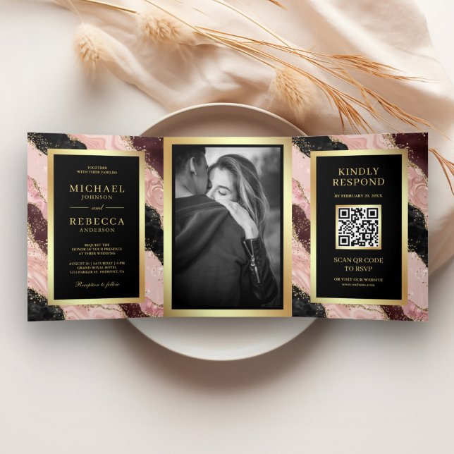Blush Pink Black Gold Agate Marble QR Code Wedding Tri-Fold Invitation (Creator Uploaded)