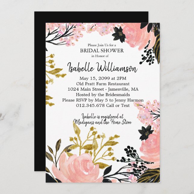 Blush Pink, Black, Gold Bridal Shower Invitations (Front/Back)
