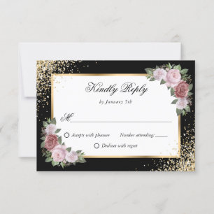 Blush Pink Black Gold Confetti Floral Wedding RSVP Card