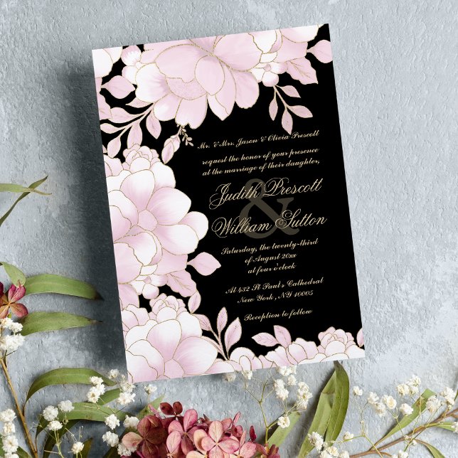 Blush pink black gold foil elegant floral wedding invitation (Blush pink black gold foil elegant floral wedding invitation)