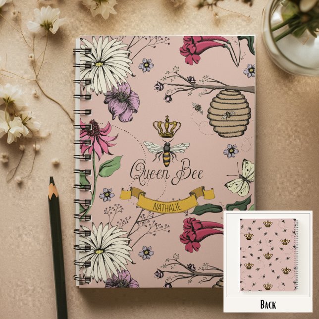 Blush Pink, Black & Gold Queen Bee and Crown Notebook (Chic Queen Bee Custom Notebook
Front: Personalized Name or Message
Back: Fun Queen Bee & Crown Print)
