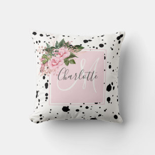 Blush pink black ink splatter floral monogram  cushion