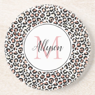Blush Pink Black Leopard Print Monogram Coaster