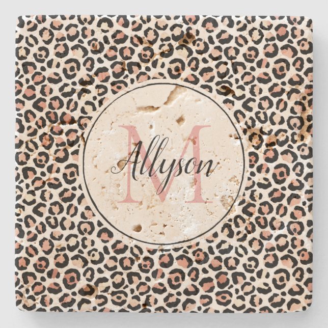 Blush Pink Black Leopard Print Monogram           Stone Coaster (Front)