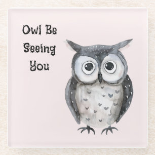 Blush Pink Black Owl Be Seeing You Glass Coaster