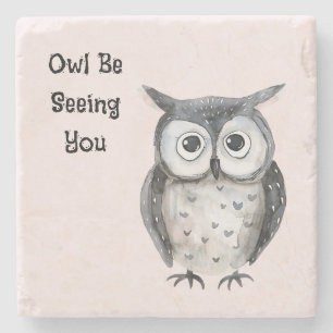 Blush Pink Black Owl Be Seeing You Stone Coaster