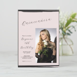 Blush Pink & Black Photo Trendy Modern Quinceañera Invitation