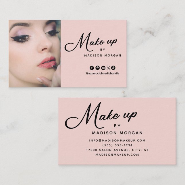 Blush Pink Black Retro Script Photo Makeup Business Card (Front/Back)