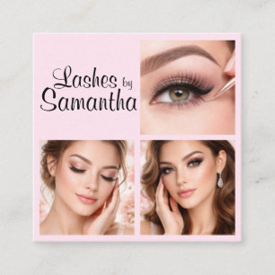 Blush Pink Black Script 3 Photo Logo Makeup Square Business Card