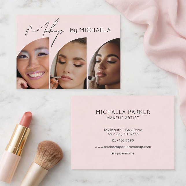 Blush Pink Black Script 3 Photo Makeup Business Card (Creator Uploaded)
