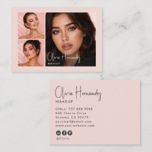 Blush Pink Black Script 3 Photo Makeup Business Card