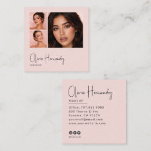 Blush Pink Black Script 3 Photo Makeup  Square Business Card