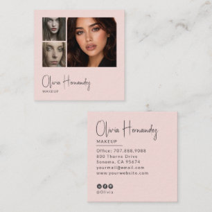 Blush Pink Black Script 3 Photo Makeup  Square Business Card
