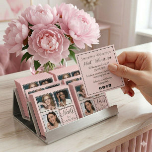 Blush Pink Black Script 3 Photo Nail Technician Square Business Card