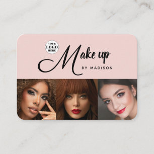 Blush Pink Black Script Logo 3 Photo Makeup Business Card