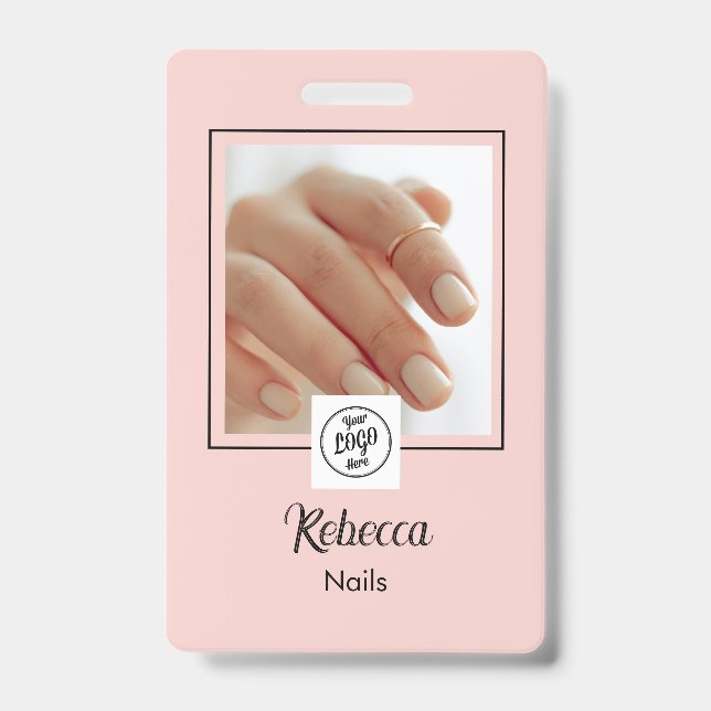 Blush Pink Black Script Logo Nails Photo ID Badge (Front)