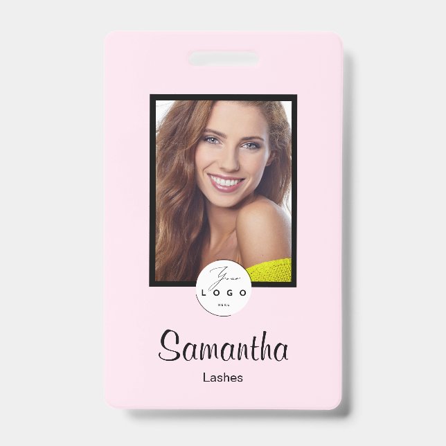 Blush Pink Black Script Logo Photo Makeup Badge ID Badge (Front)