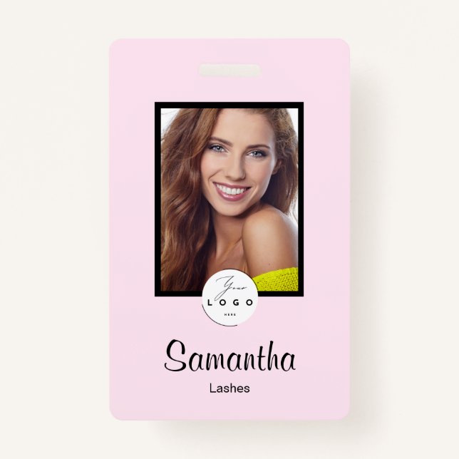 Blush Pink Black Script Logo Photo Makeup Badge ID Badge (Front)