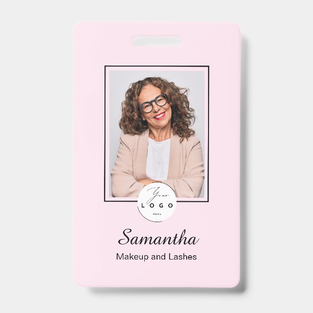 Blush Pink Black Script Logo Photo Makeup ID Badge (Front)