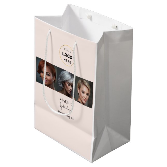 Blush Pink Black Script Logo Photo Makeup Studio Medium Gift Bag (Front Angled)