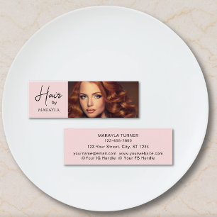 Blush Pink Black Script Photo Hair Stylist Mini Business Card
