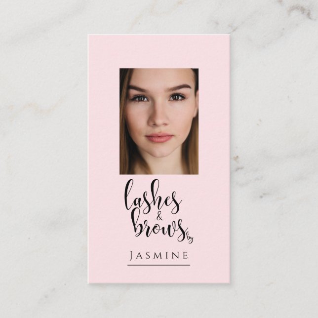 Blush Pink Black Script Photo Lashes & Brows Business Card (Front)