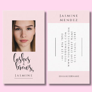 Blush Pink Black Script Photo Lashes & Brows Business Card