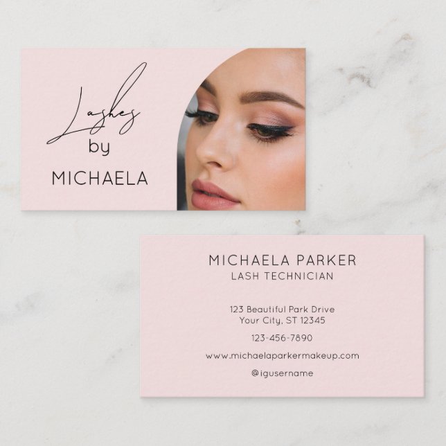Blush Pink Black Script Photo Lashes Business Card (Front/Back)