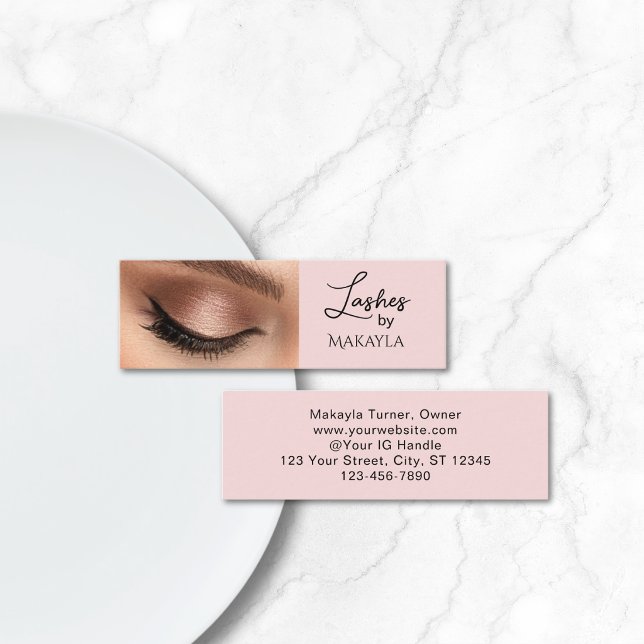 Blush Pink Black Script Photo Lashes Mini Business Card (Creator Uploaded)