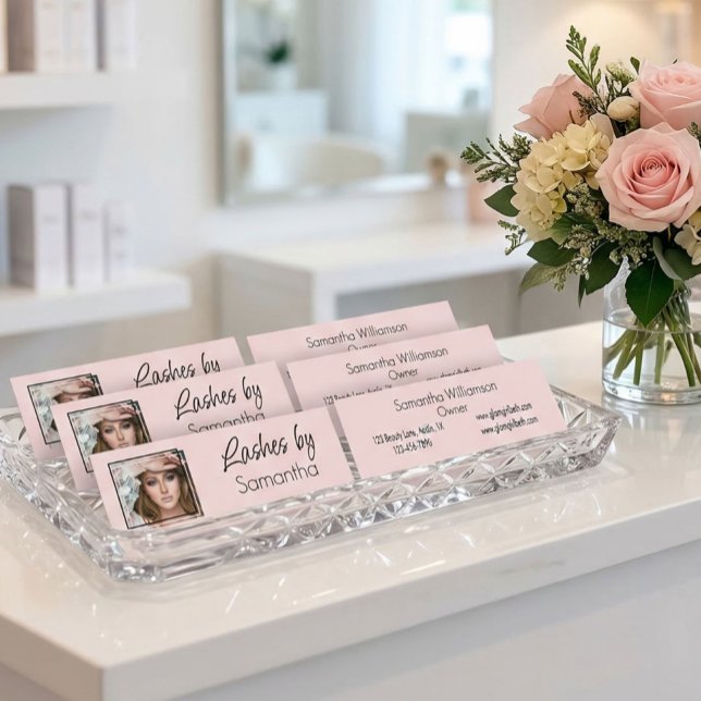 Blush Pink Black Script Photo Lashes Mini Business Card (Creator Uploaded)
