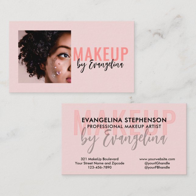 Blush Pink Black Script Photo Makeup Artist Business Card (Front/Back)