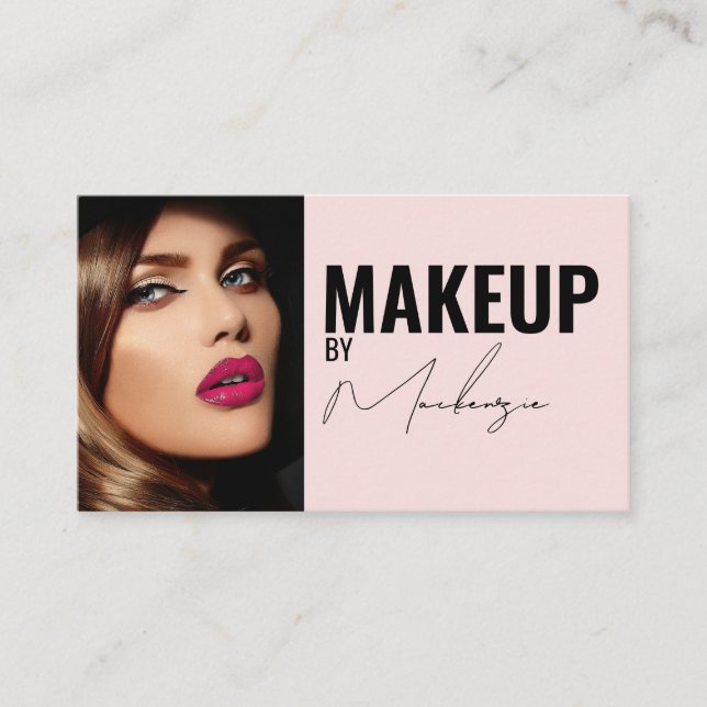 Blush Pink Black Script Photo Makeup Business Card (Front)