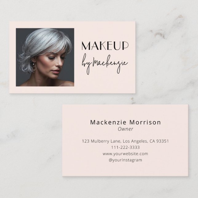 Blush Pink Black Script Photo Makeup Business Card (Front/Back)